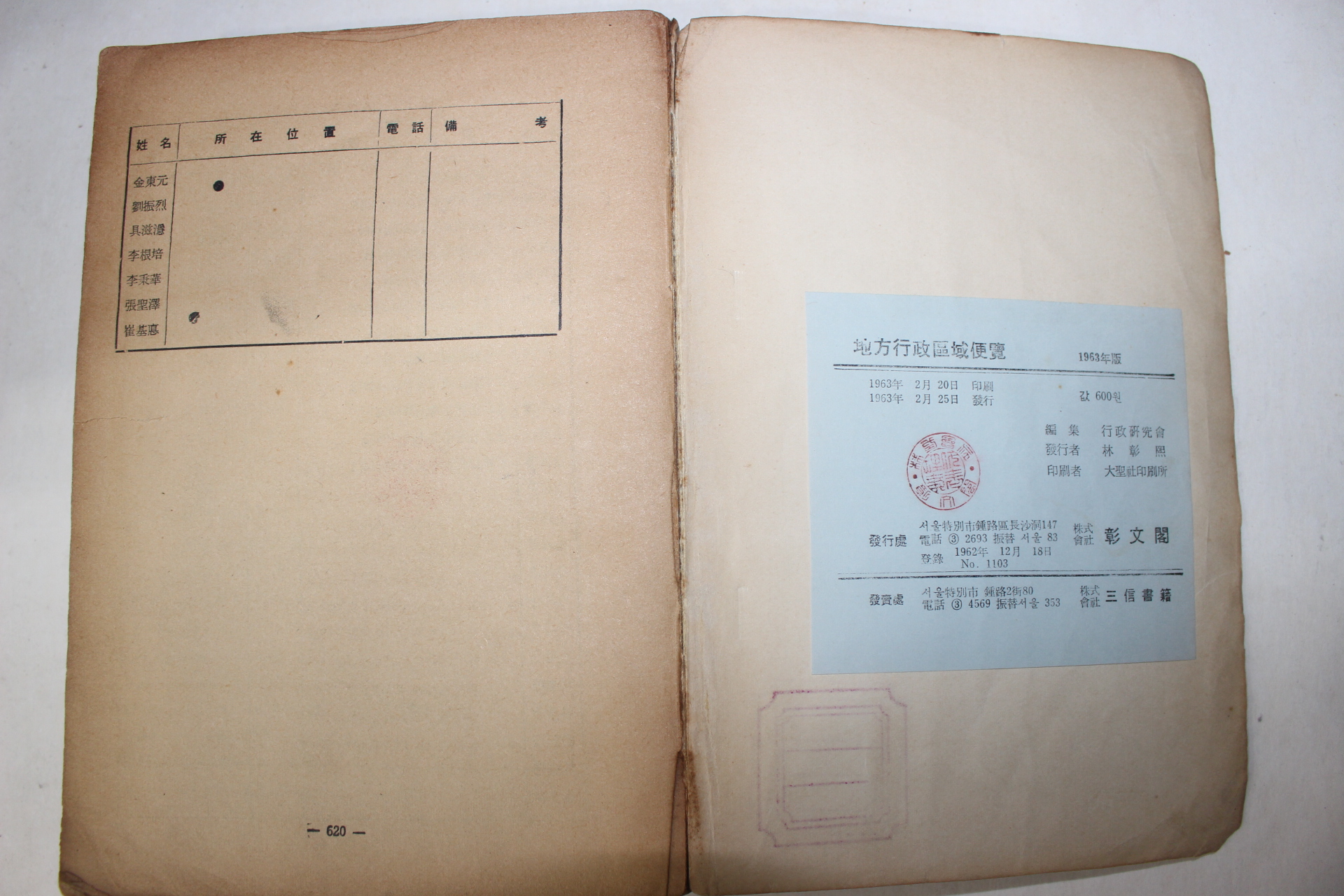 1963년초판 대한민국 지방행정구역편람 (大韓民國)地方行政區域便覽