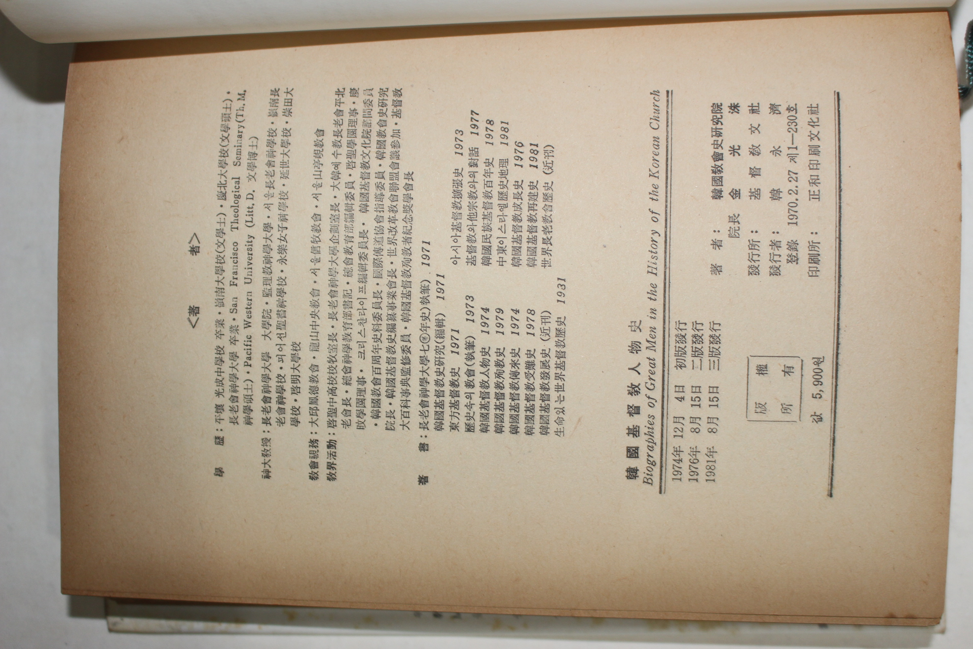 1981년 김광수(金光洙) 한국기독교인물사(韓國基督敎人物史)