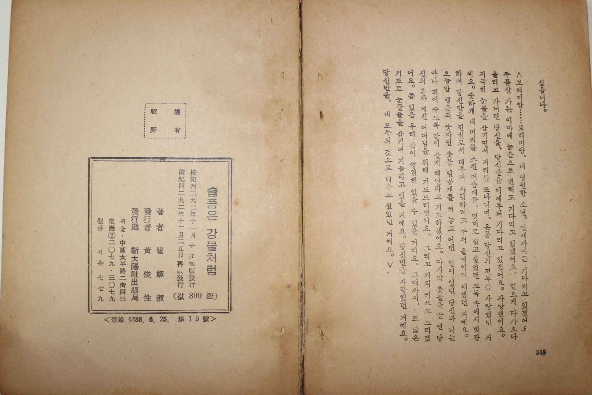 1959년 최희숙(崔姬淑) 슬픔은 강물처림(슬픔은 江물처럼)