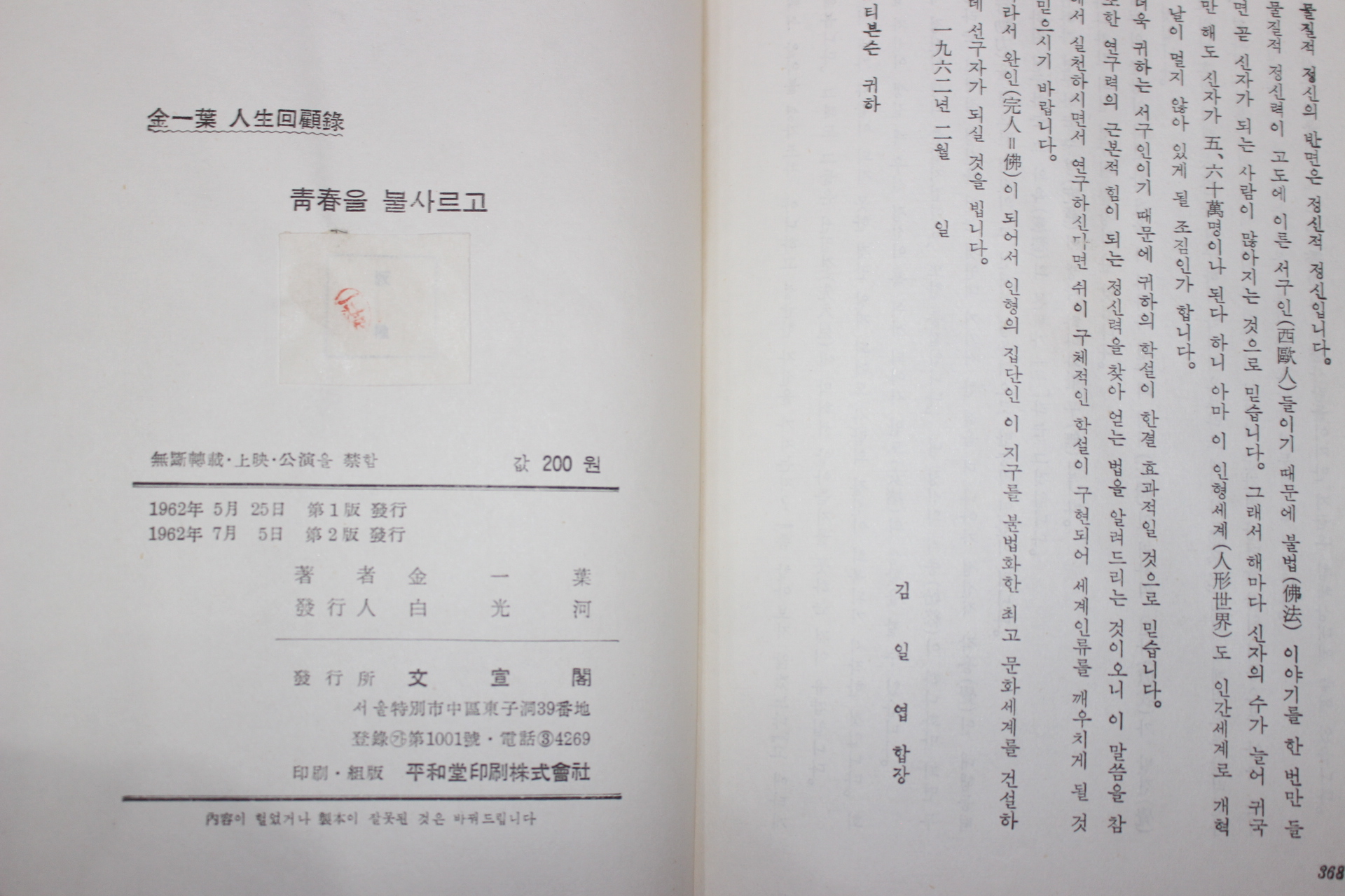 1962년2판 김일엽(金一葉) 청춘을불사르고