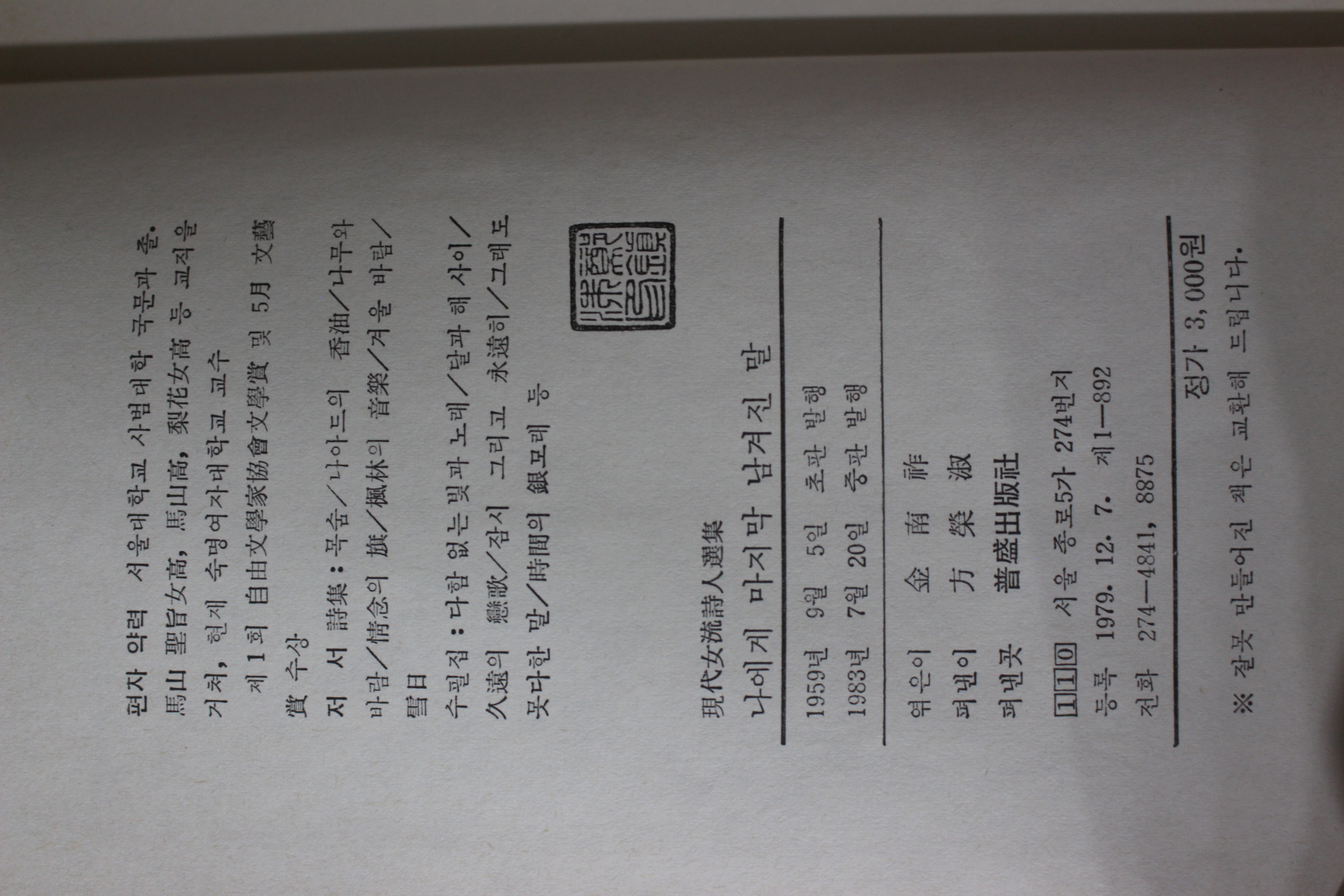 1983년중판 김남조(金南祚)편 나에게 마지막 남겨진 말