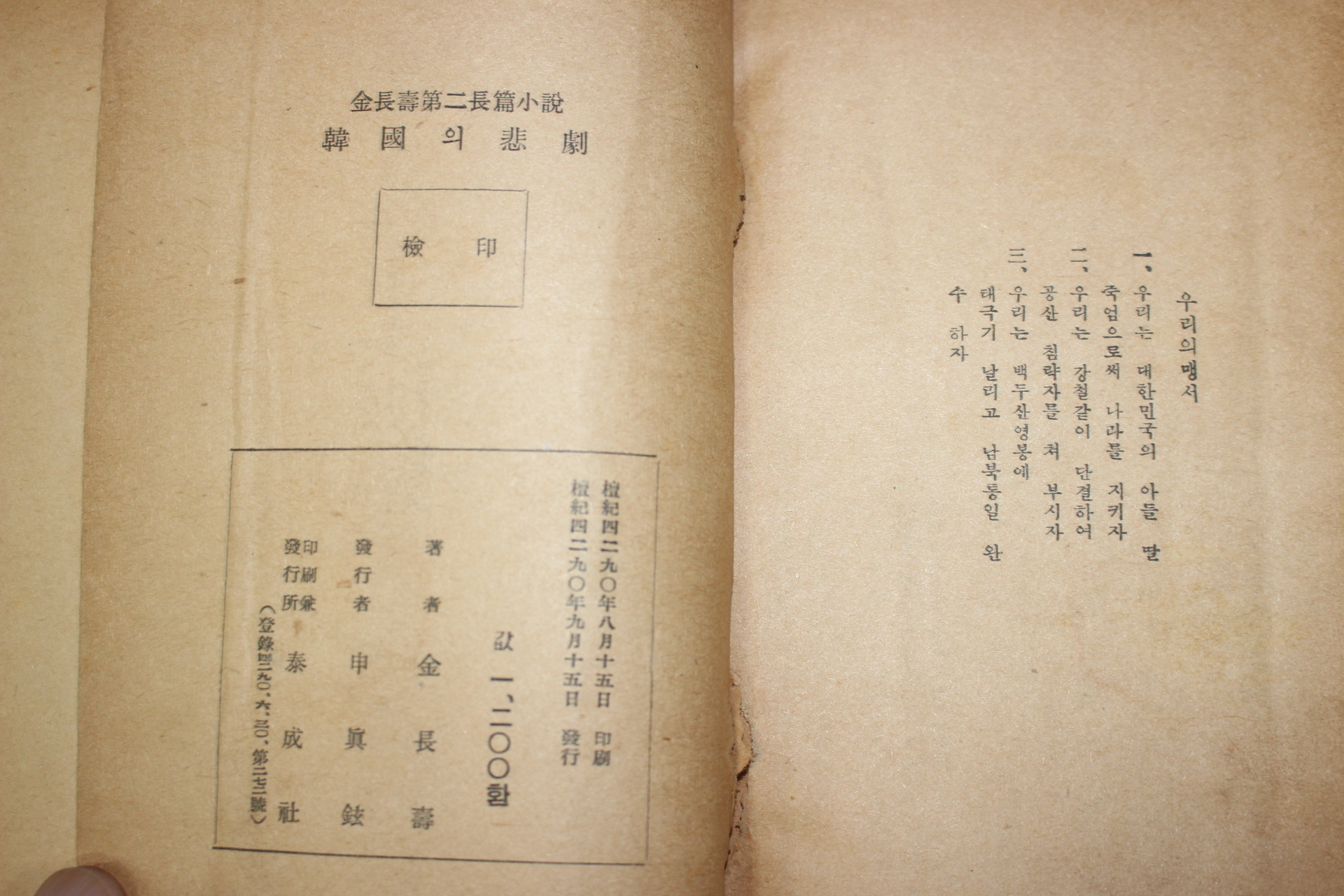 1957년초판 김장수(金長壽) 장편소설 한국의 비극(韓國의 悲劇)