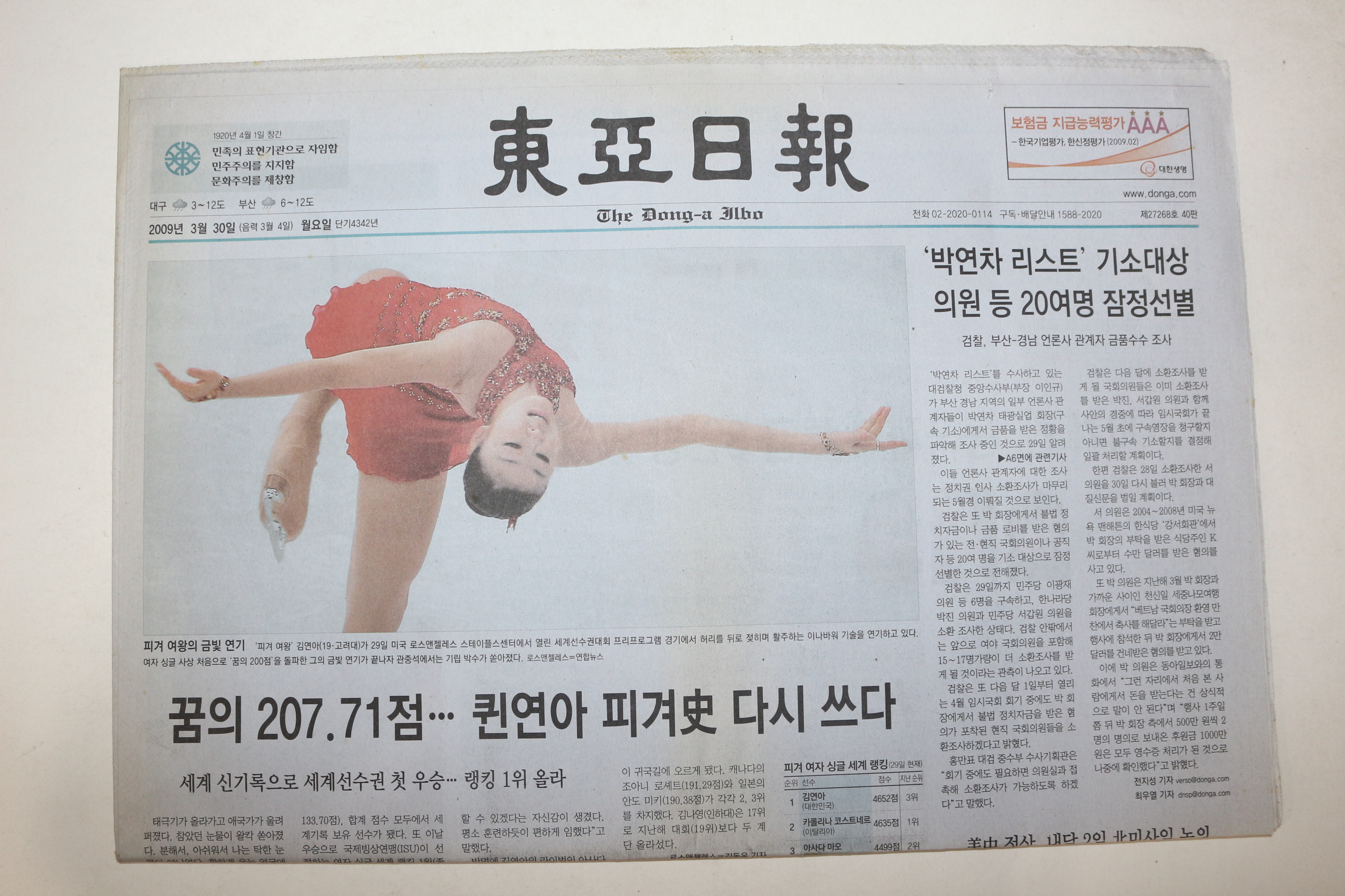 2009년 동아일보 3월30일자 김연아