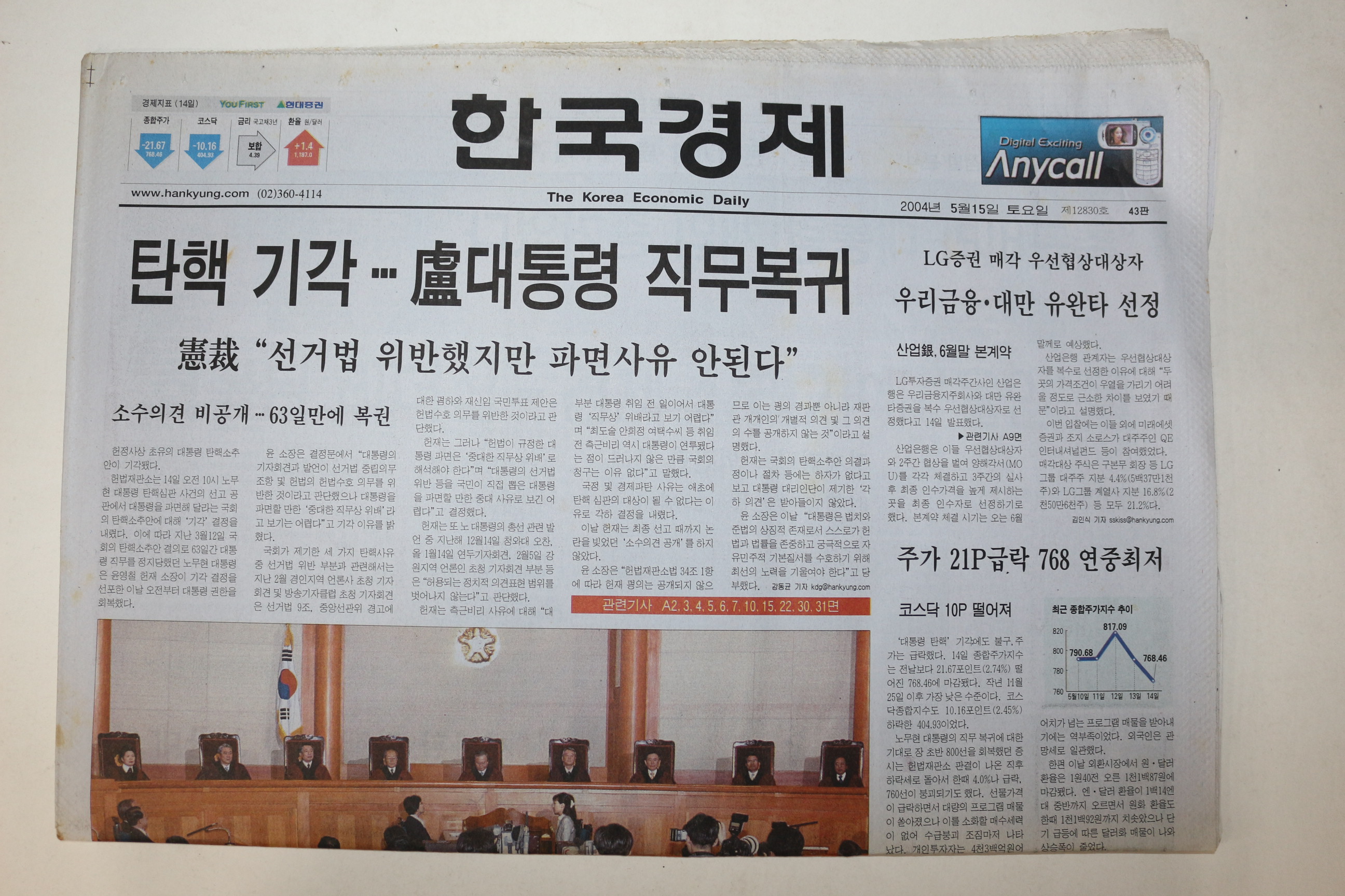 2004년 한국경제 5월15일자 노무현대통령탄핵기각