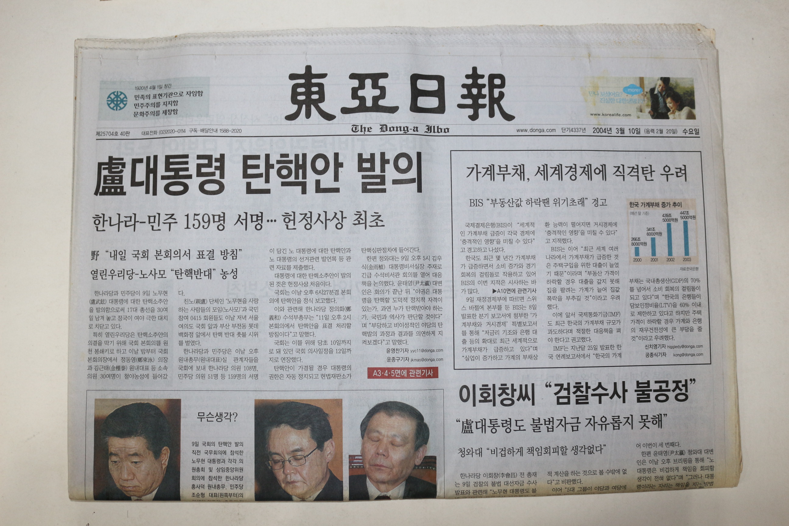 2004년 동아일보 3월10일자 노대통령 탄핵안 발의