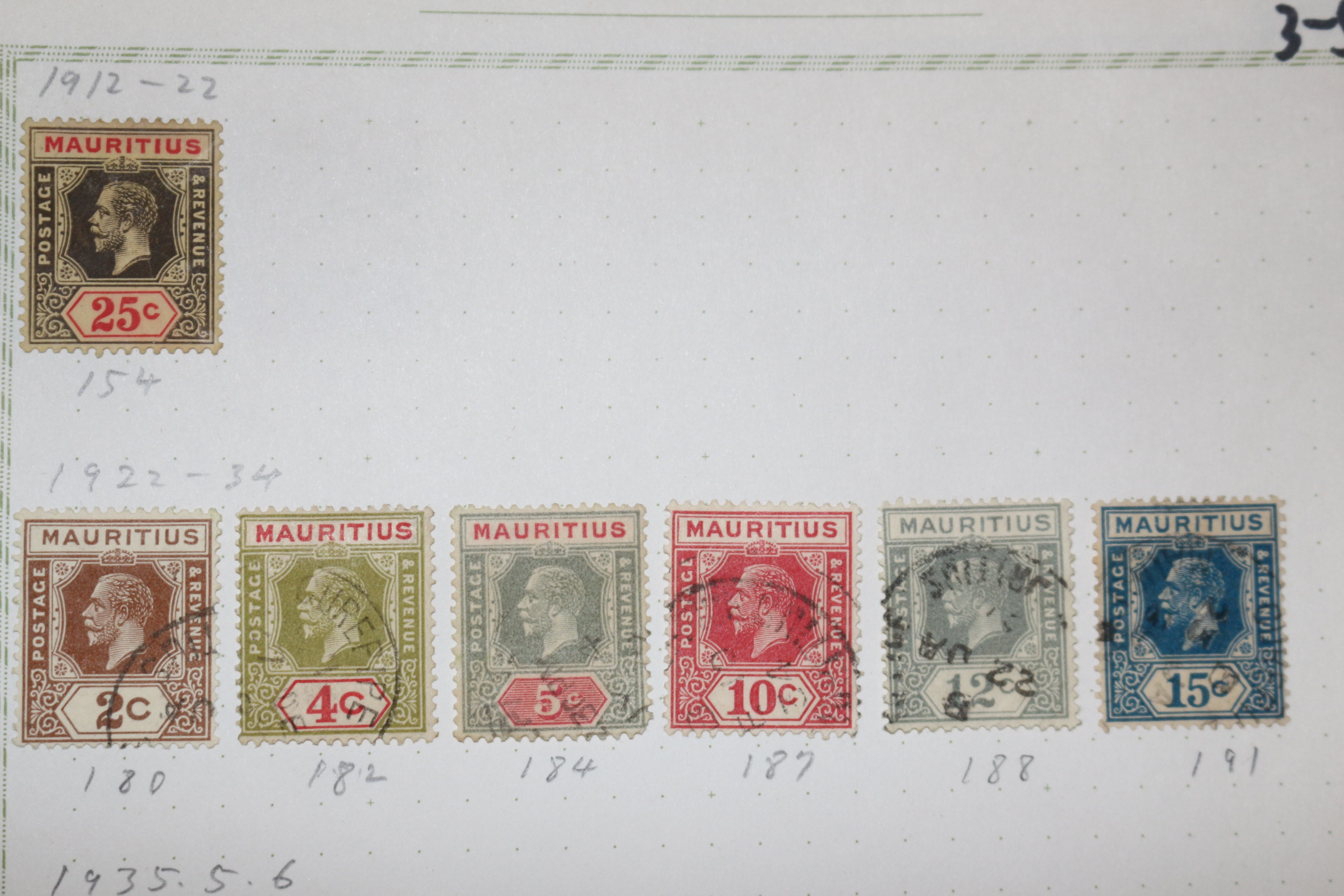 3-52  1912년~1935년 모리셔스 mauritius 우표 8장