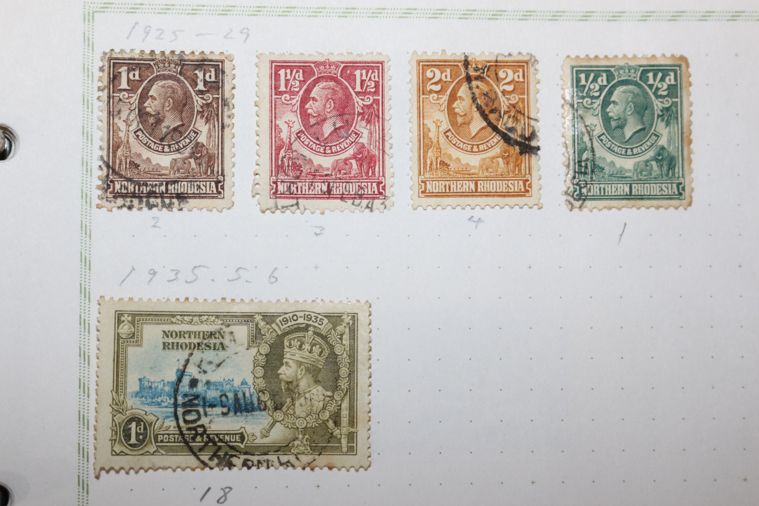 3-57  1925년~1935년 영국식민지시대의 잠비아 북로디지아 northern rhodesia 우표 5장