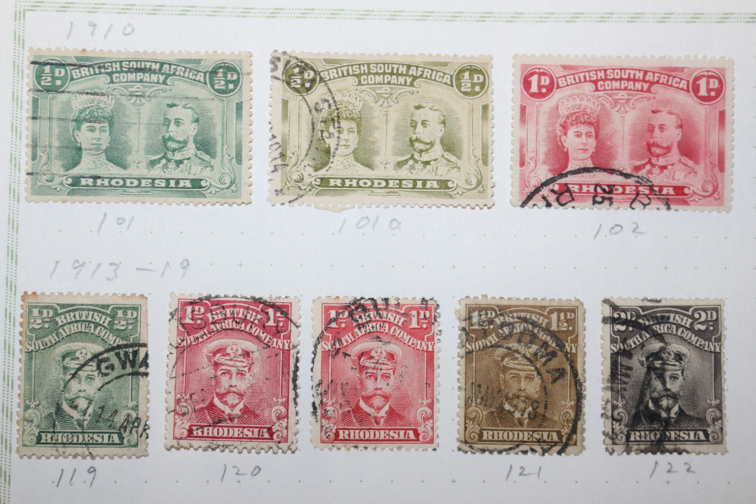 3-59  1910년~1919년 아프리카남부의 옛영국식민지 로디지아 rhodesia 우표 8장