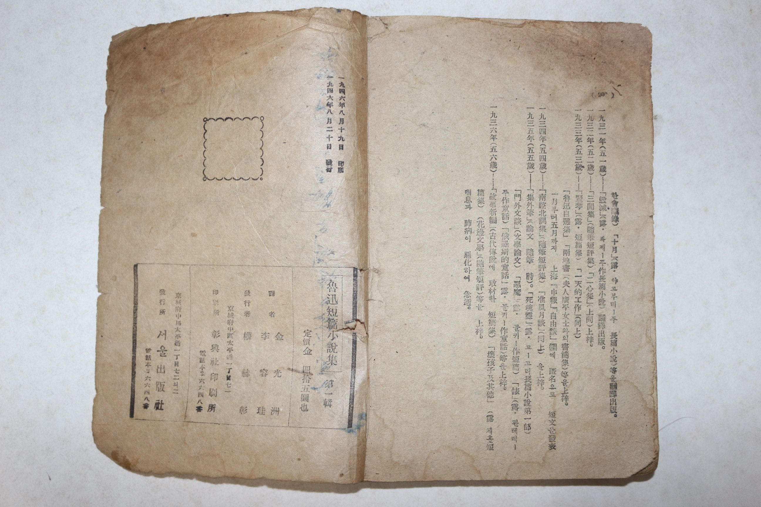 1946년초판 김광주.이용주 단편소설집 노신(魯迅) 제1집
