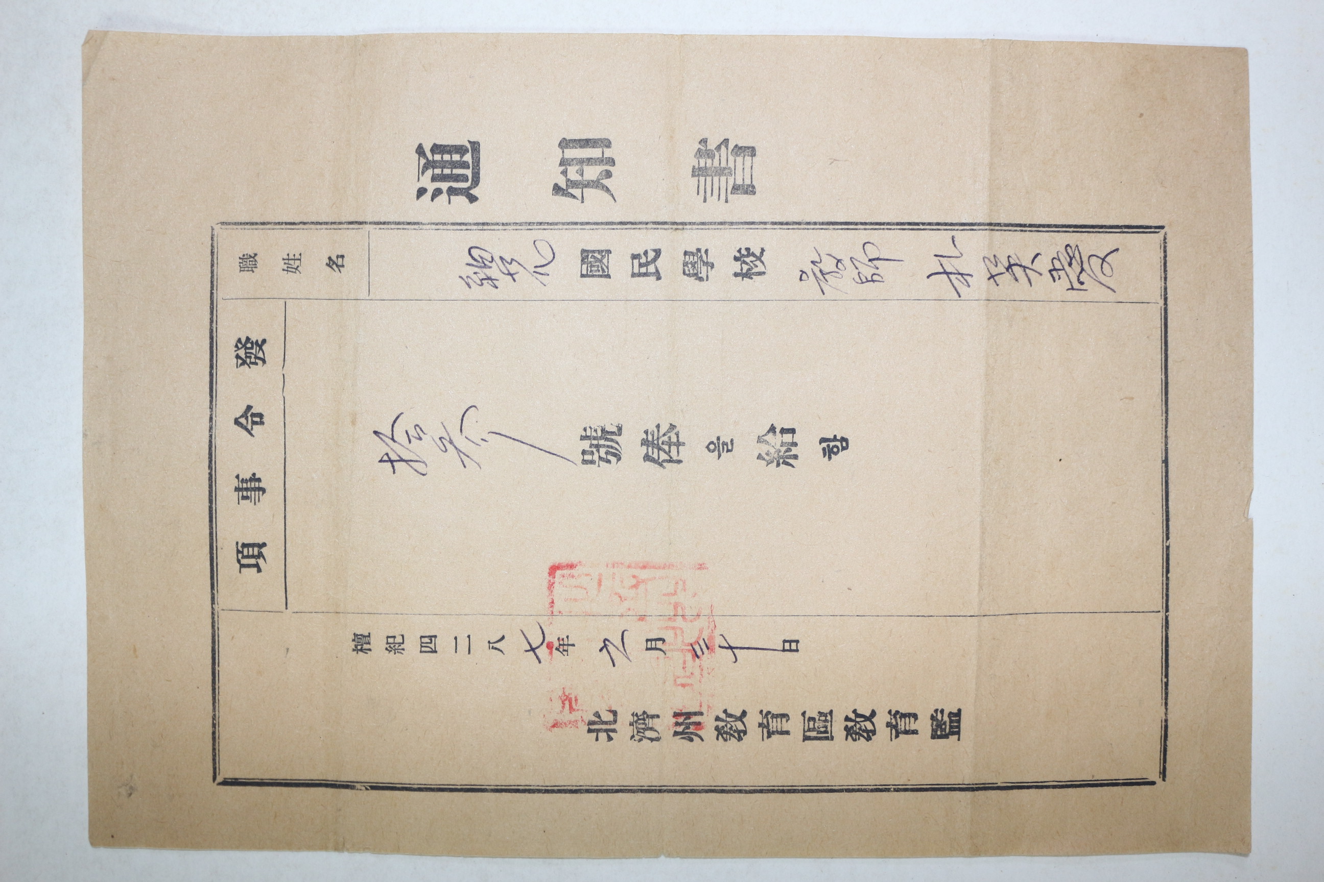 1954년(단기4287년) 북제주교육구교육감 발령사항 통지서