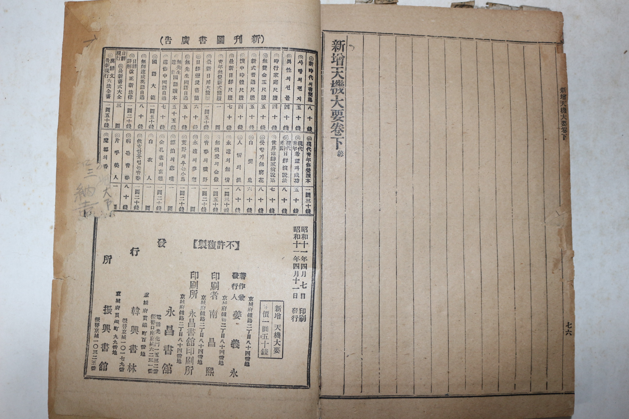 1936년(소화11년) 신교천기대요(新校天機大要) 1책완질
