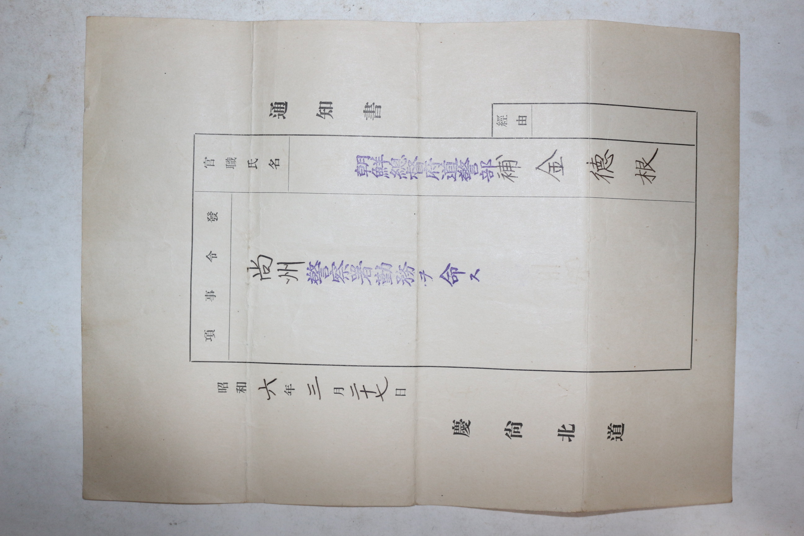 1931년(소화6년) 경상북도 조선총독부 도순사 김덕근 상주경찰서 발령장