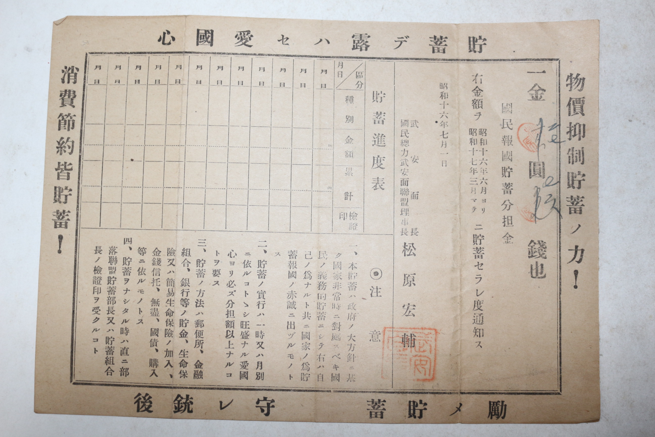 1941년(소화16년) 전북 무안면 국민보국저축분담금통지서