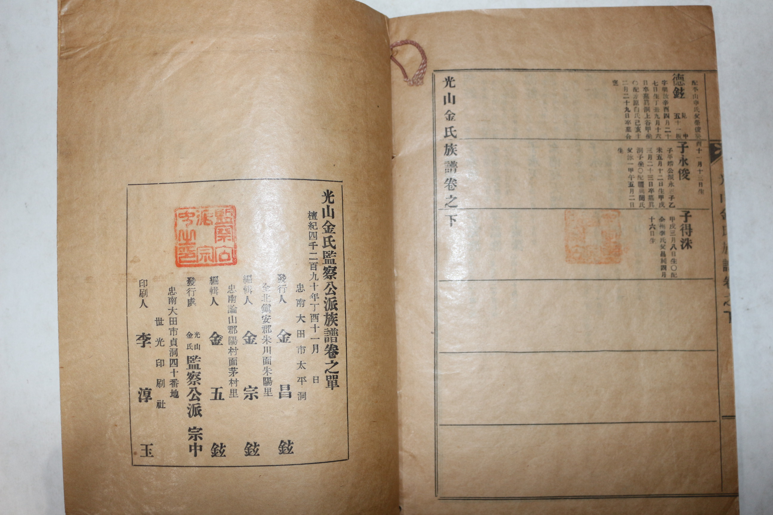 1957년(단기4290년) 연활자본 광산김씨족보(光山金氏族譜) 감찰공파 1책완질