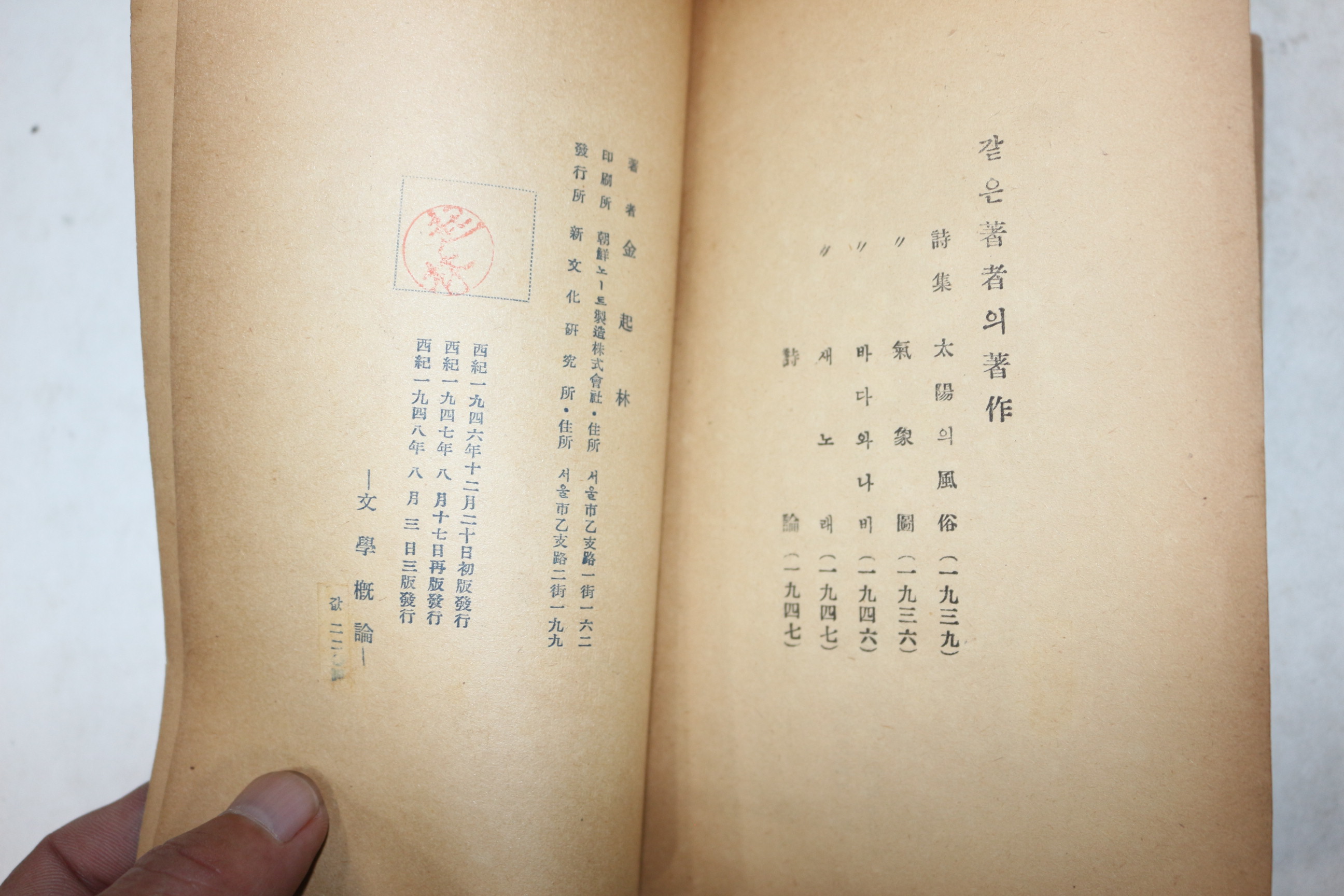 1948년삼판 김기림(金起林) 문학개론(文學槪論)(납북시인)