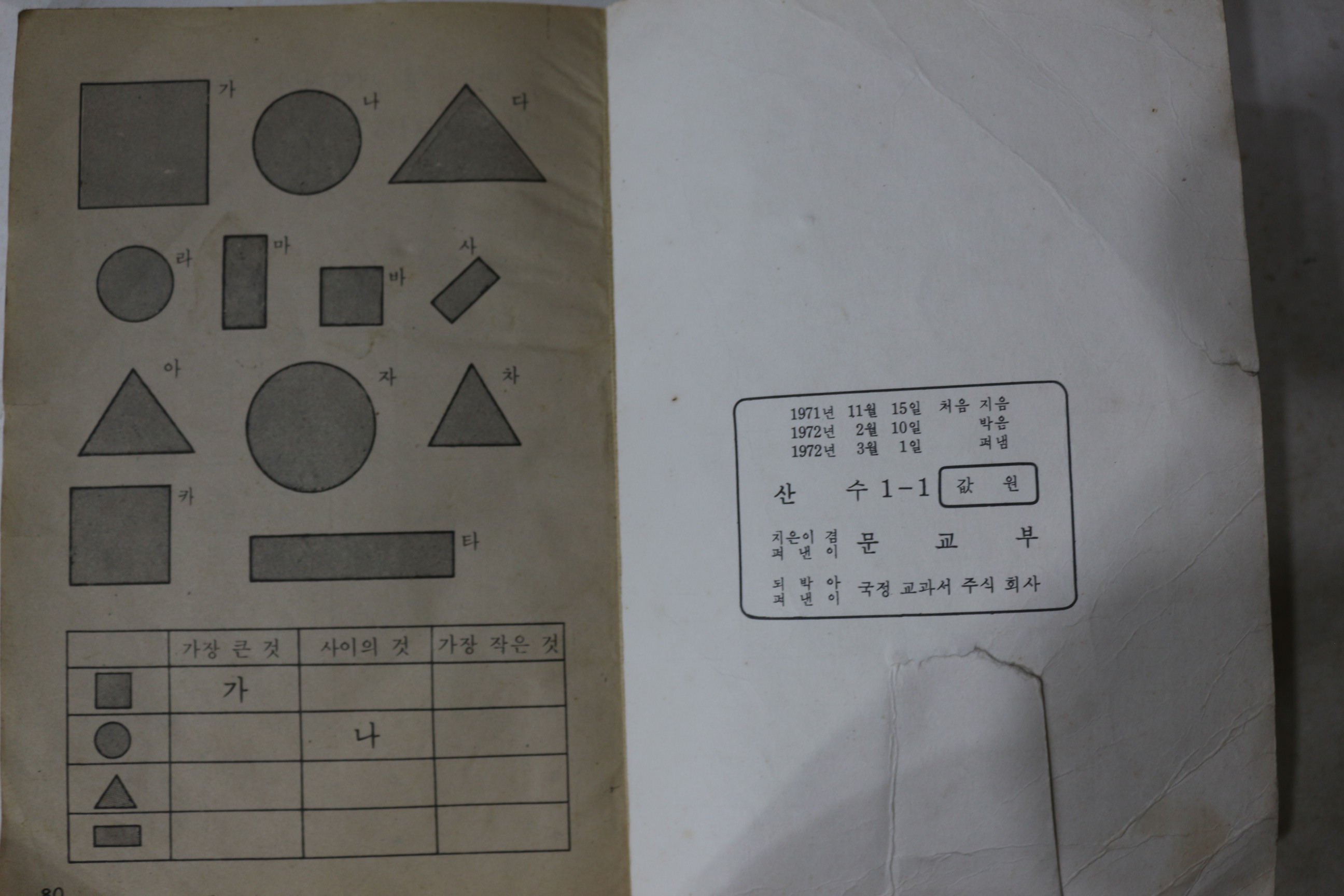 1972년 문교부 실험용교과서 산수 1-1