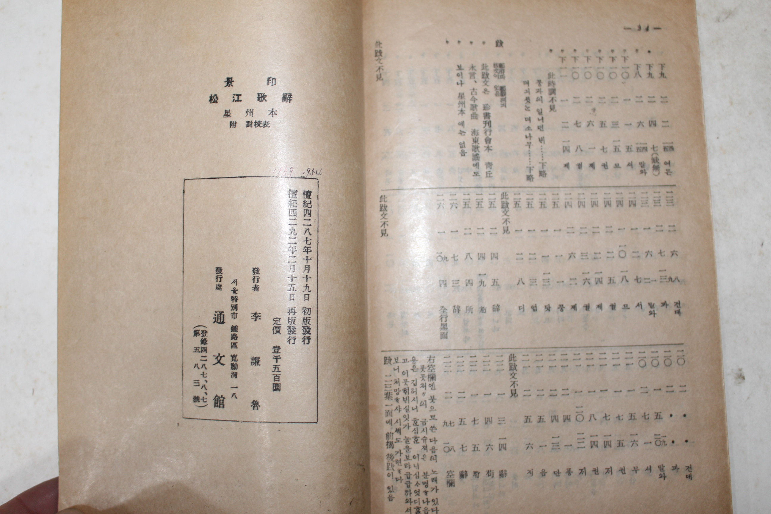 1959년 통문관 송강가사(松江歌辭)